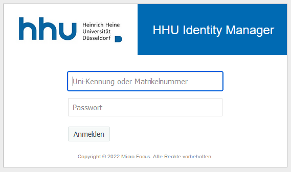 Bild HHU Identity Manager Anmeldefenster. erstes Feld 'Unikennung oder Matrikelnummer', darunter Feld 'Passwort', darunter Anmelden-Knopf