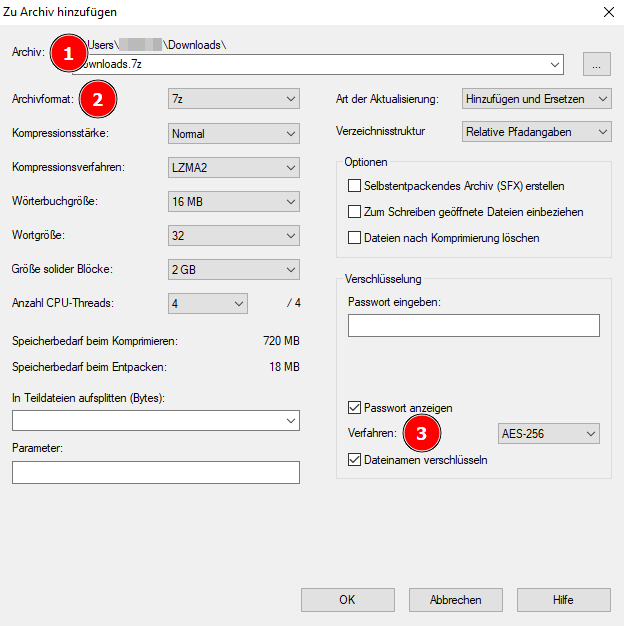 Bildschirmfoto. Dialogfenster von 7-Zip mit Parametern zum erstellen eines Archives. Rot numerisch markiert 1. 'Archiv', 2. 'Archivformat', 3. 'Verfahren'