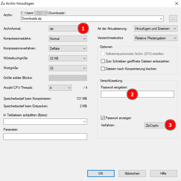 Bildschirmfoto. Rot numerisch markiert 1. 'Archivformat' zip ausgewählt, 2. 'Passwort eingeben', 3. 'Verfahren' ZipCrypto gewählt