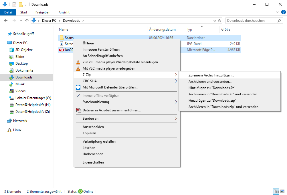 Bildschirmfoto. Optionenmenü für ausgewählte Dateien geöffnet. Option '7-Zip' und darunter 'Zu einem Archiv hinzufügen...' gewählt