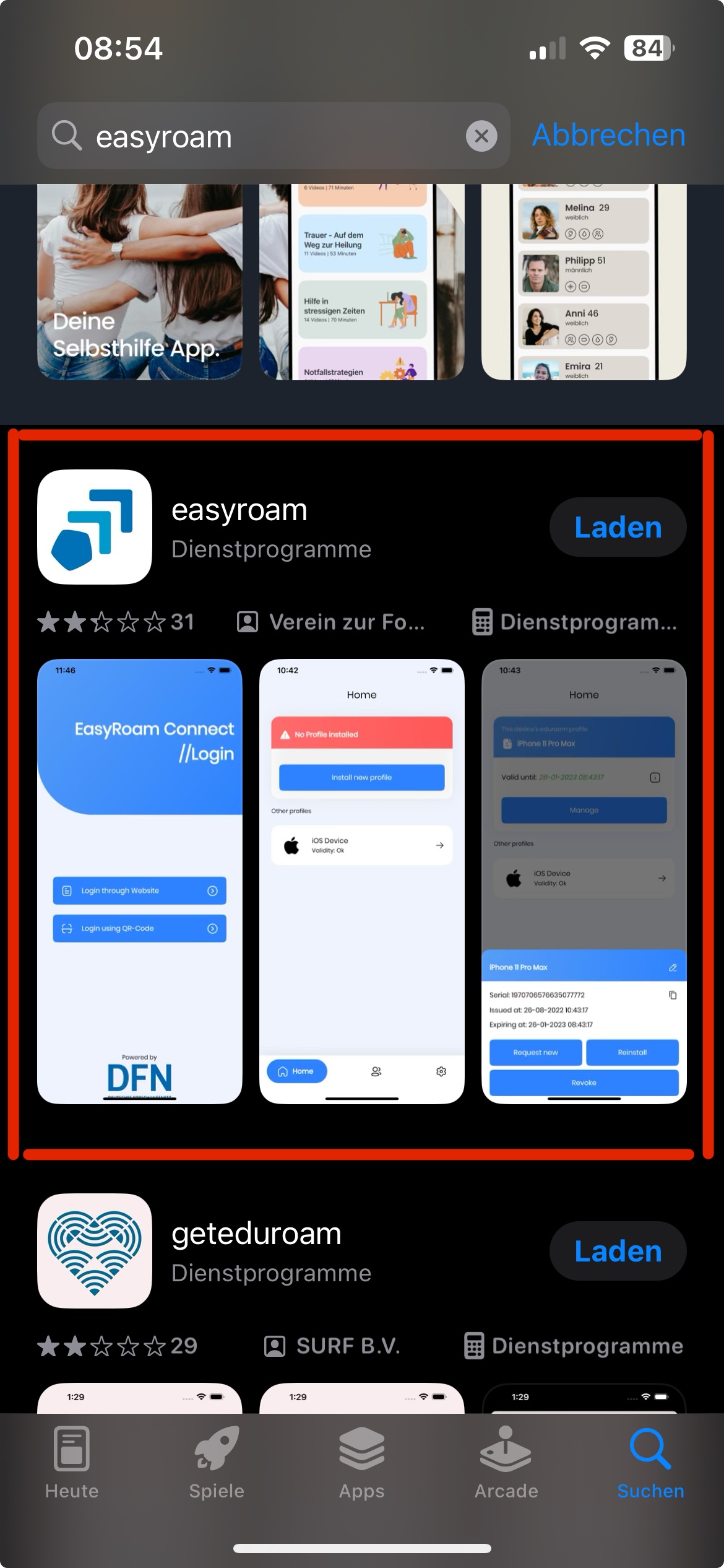 Bildschirmfoto. Die Easyroam-App im Appstore mit roter Markierung umrandet.