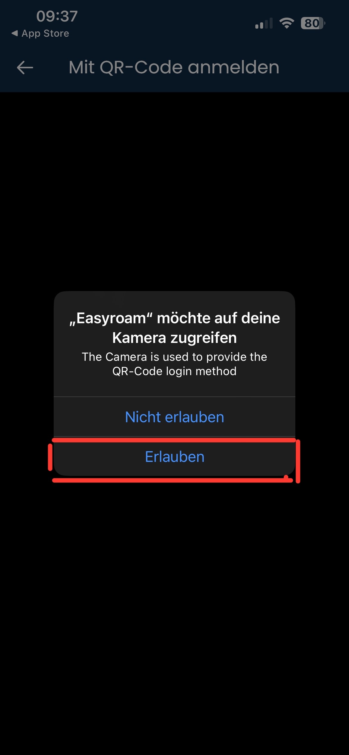 Bildschirmfoto. Ein Hinweisfenster. Easyroam möchte auf deine Kamera zugreifen. Nicht erlauben oder Erlauben. Erlauben ist rot umrandet.