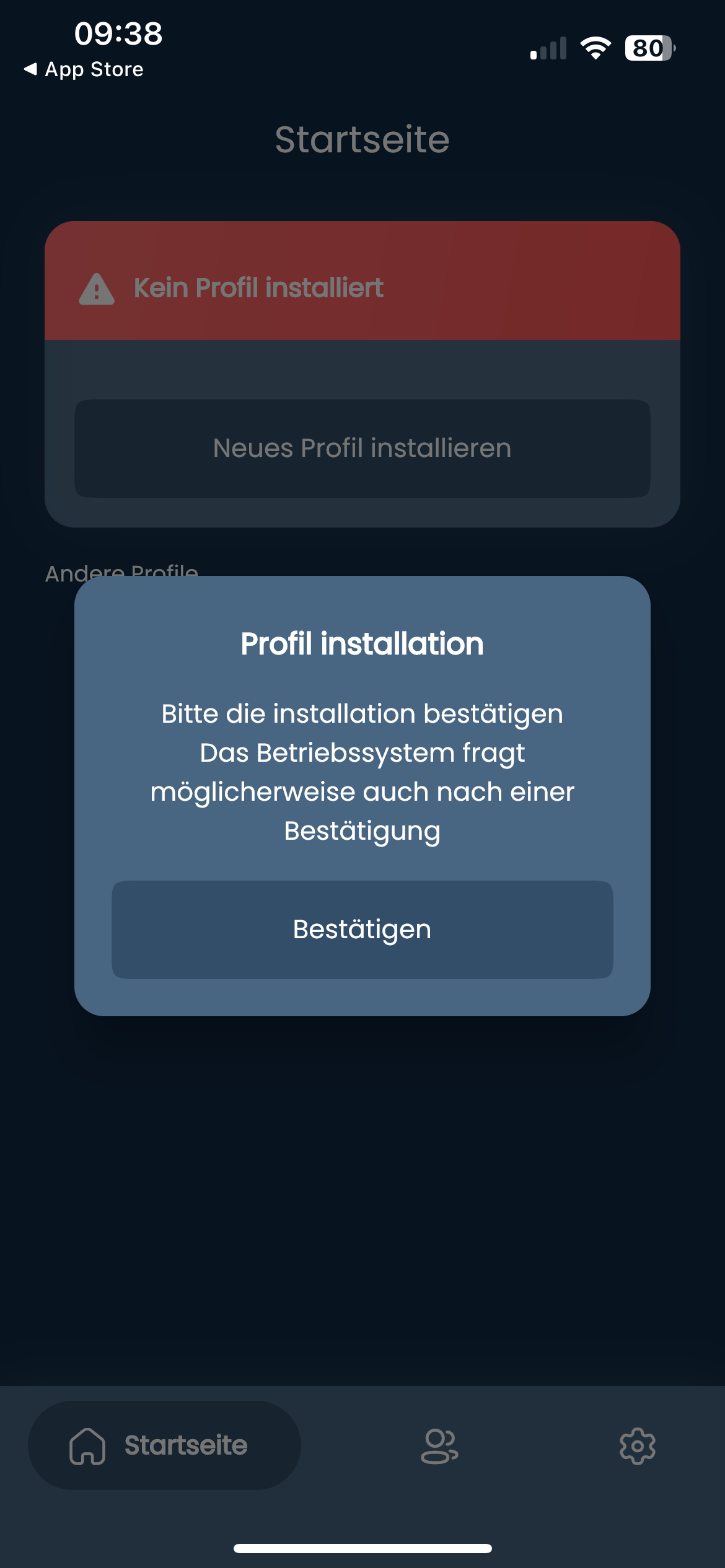 Bildschirmfoto. Ein Hinweisfenster mit Profil installation. Bitte die Installation bestätigen. Das Betriebssystem fragt möglicherweise auch nach einer Bestätigung. Ein Button mit Bestätigen.