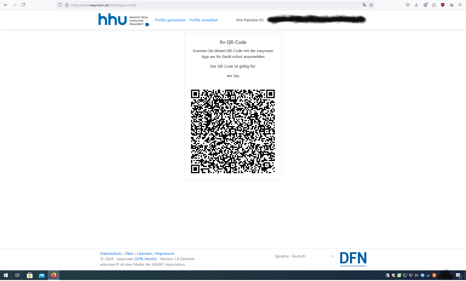 Bildschirmfoto eines Desktops. Ein QR-Code auf der Easroam-Webseite ist zu sehen. 