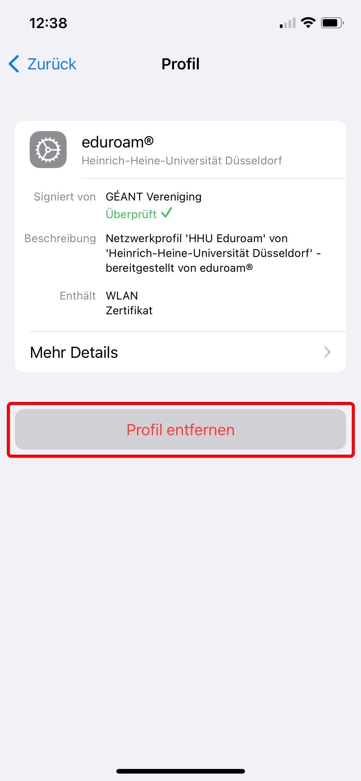 Bildschirmfoto. im Eduroam- Profil 'Profil entfernen' rot umrandet