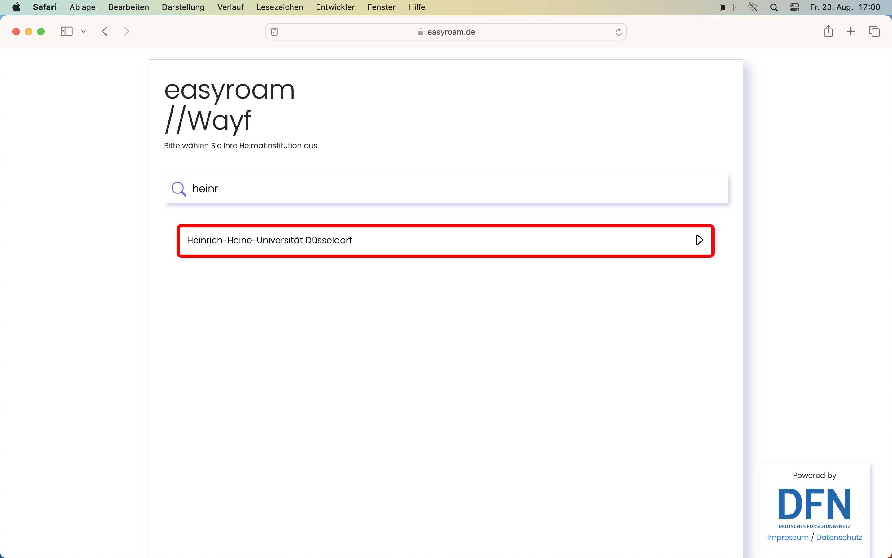 Bildschirmfoto. easyroam Wayf Seite. 'Heinrich-Heine-Universität Düsseldorf' rot umrandet