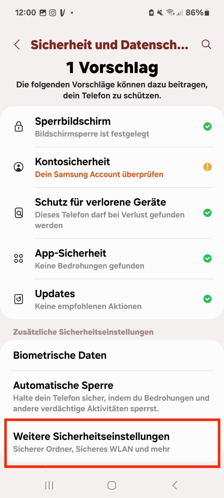 Bild Android Sicherheit und Datenschutz. 'Weitere Sicherheitseinstellungen' zur Verdeutlichung rot umrandet