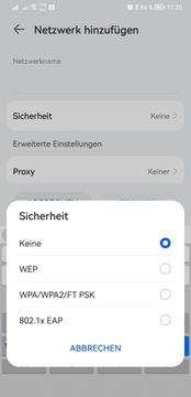 Bildschirmfoto. In Einstellungen, Bereich 'Netzwerk hinzufügen', Pop-up Fenster 'Sicherheit'