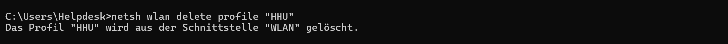 Bildschirmaufnahme. cmd-Terminal. Nach Befehlseingabe kommt 'Das Profil '...' wird aus der Schnittstelle 'WLAN' gelöscht'